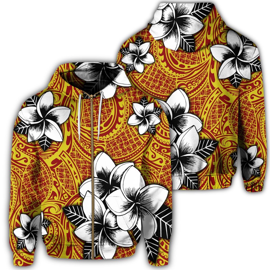 Hawaiian Plumeria Tribe Yellow Red Polynesian Zip Hoodie Unisex Art - Polynesian Pride