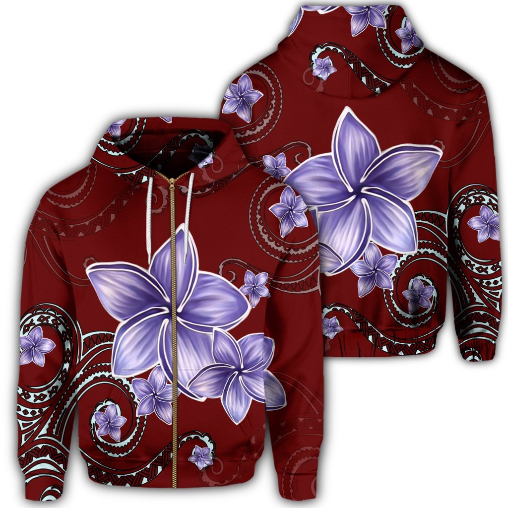 Hawaiian Plumeria Violet Polynesian Red Zip Hoodie Unisex Art - Polynesian Pride