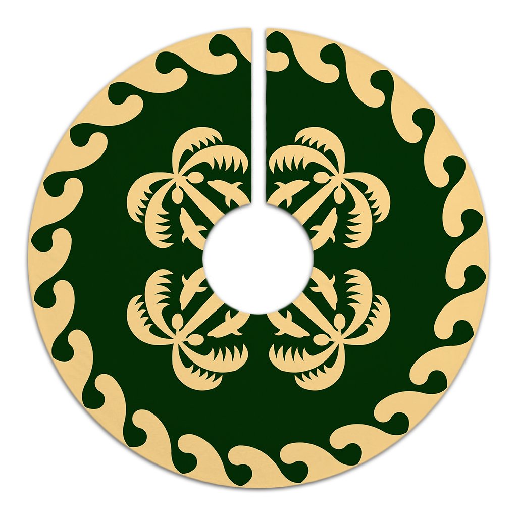 Hawaiian Quilt Pattern Dolphin And Coconut Tree Skirt - Green Beige - AH - Polynesian Pride