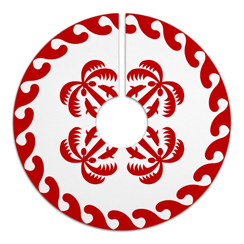 Hawaiian Quilt Pattern Dolphin And Coconut Tree Skirt - Red White - AH - Polynesian Pride