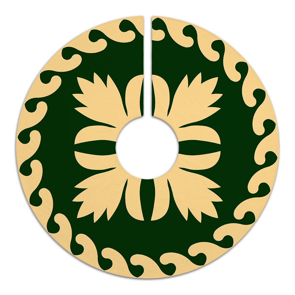 Hawaiian Quilt Pattern Flower Hula Tree Skirt - Green Beige - AH - Polynesian Pride