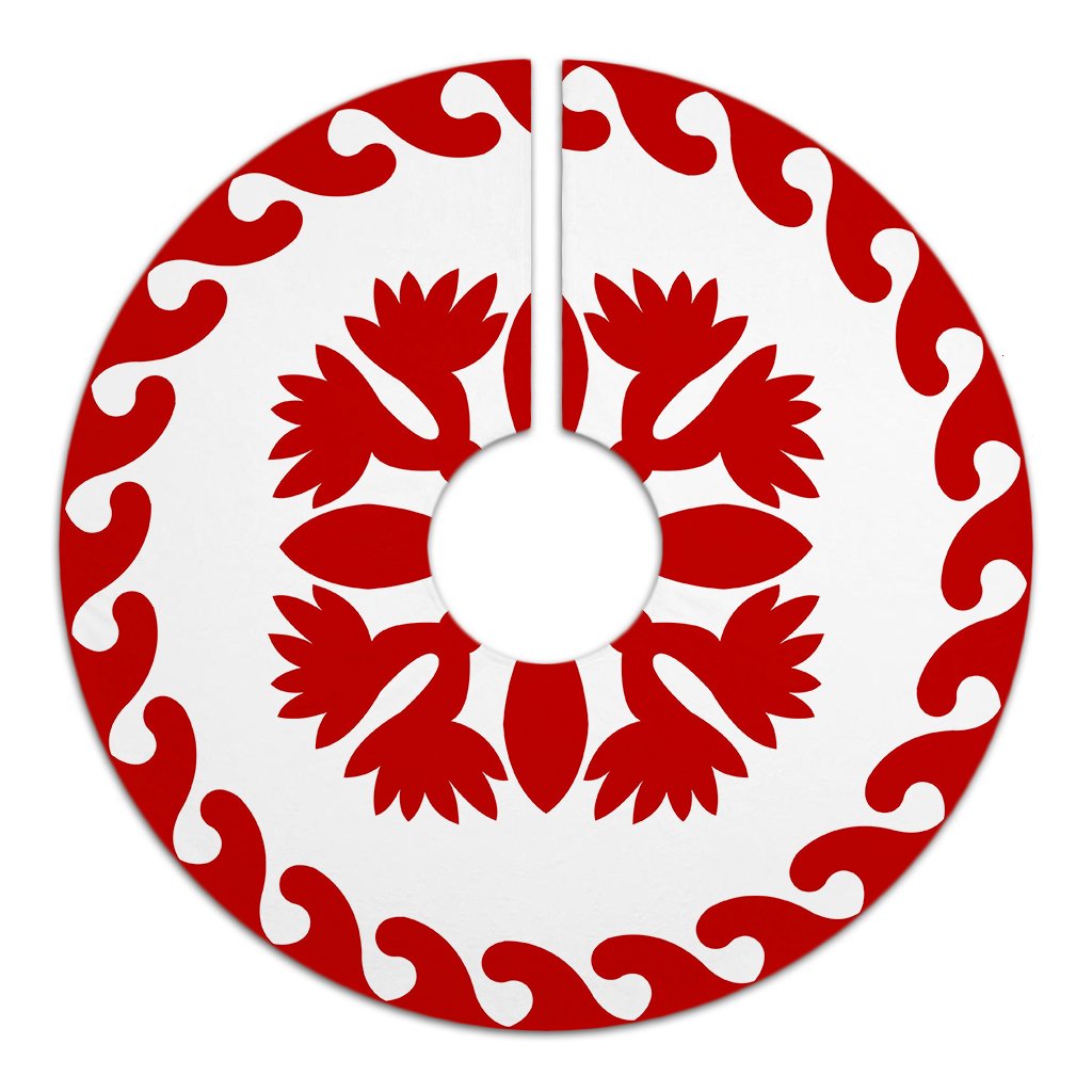 Hawaiian Quilt Pattern Flower Lovely Tree Skirt - Red White - AH - Polynesian Pride