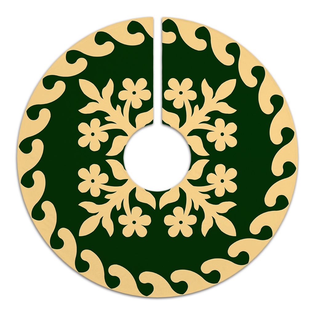 Hawaiian Quilt Pattern Flower Skillful Tree Skirt - Green Beige - AH - Polynesian Pride