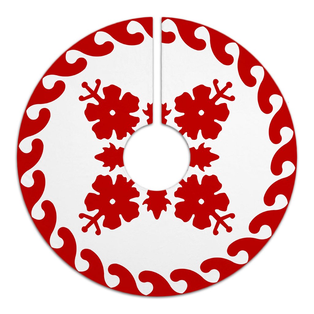 Hawaiian Quilt Pattern Hibiscus Nice Tree Skirt - Red White - AH - Polynesian Pride