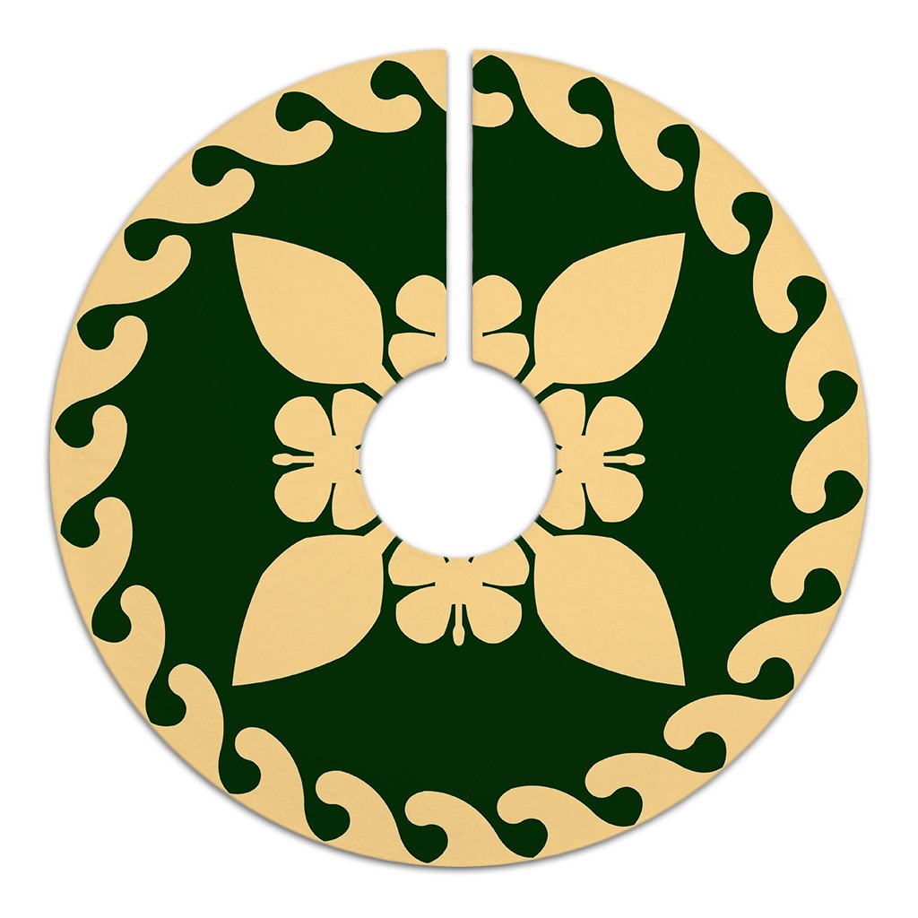 Hawaiian Quilt Pattern Hibiscus Paddle Lovely Tree Skirt - Green Beige - AH - Polynesian Pride