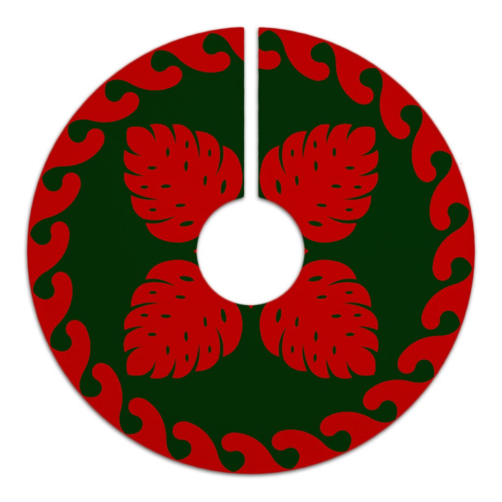Hawaiian Quilt Pattern Monstera Symmetry Polynesian Tree Skirt - Red Green - AH - Polynesian Pride