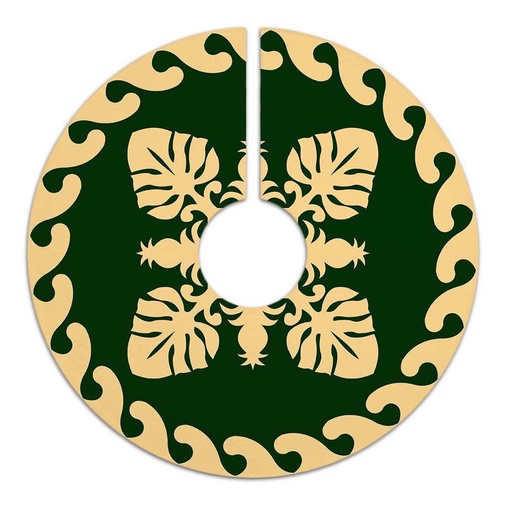 Hawaiian Quilt Pattern Palm Tree And Pineapple New Tree Skirt - Green Beige - AH - Polynesian Pride