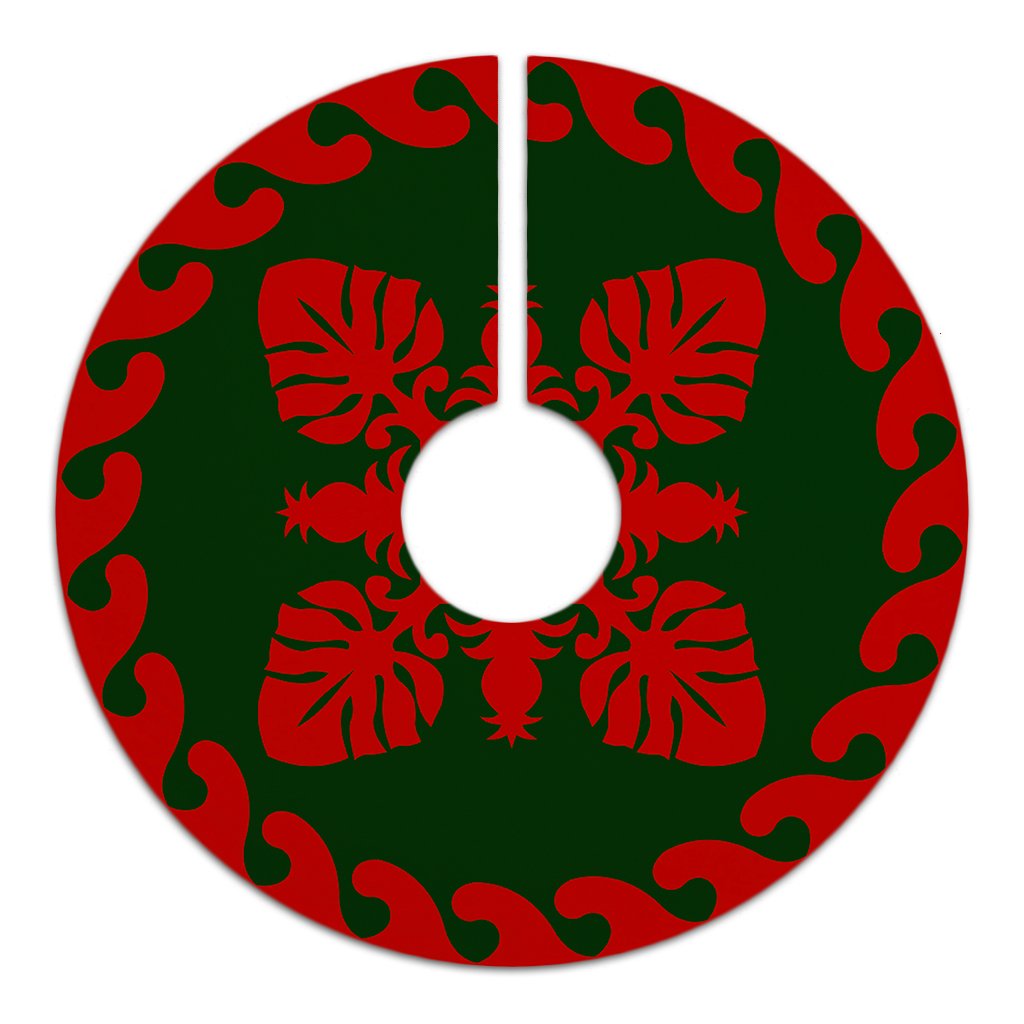 Hawaiian Quilt Pattern Palm Tree And Pineapple New Tree Skirt - Red Green - AH - Polynesian Pride