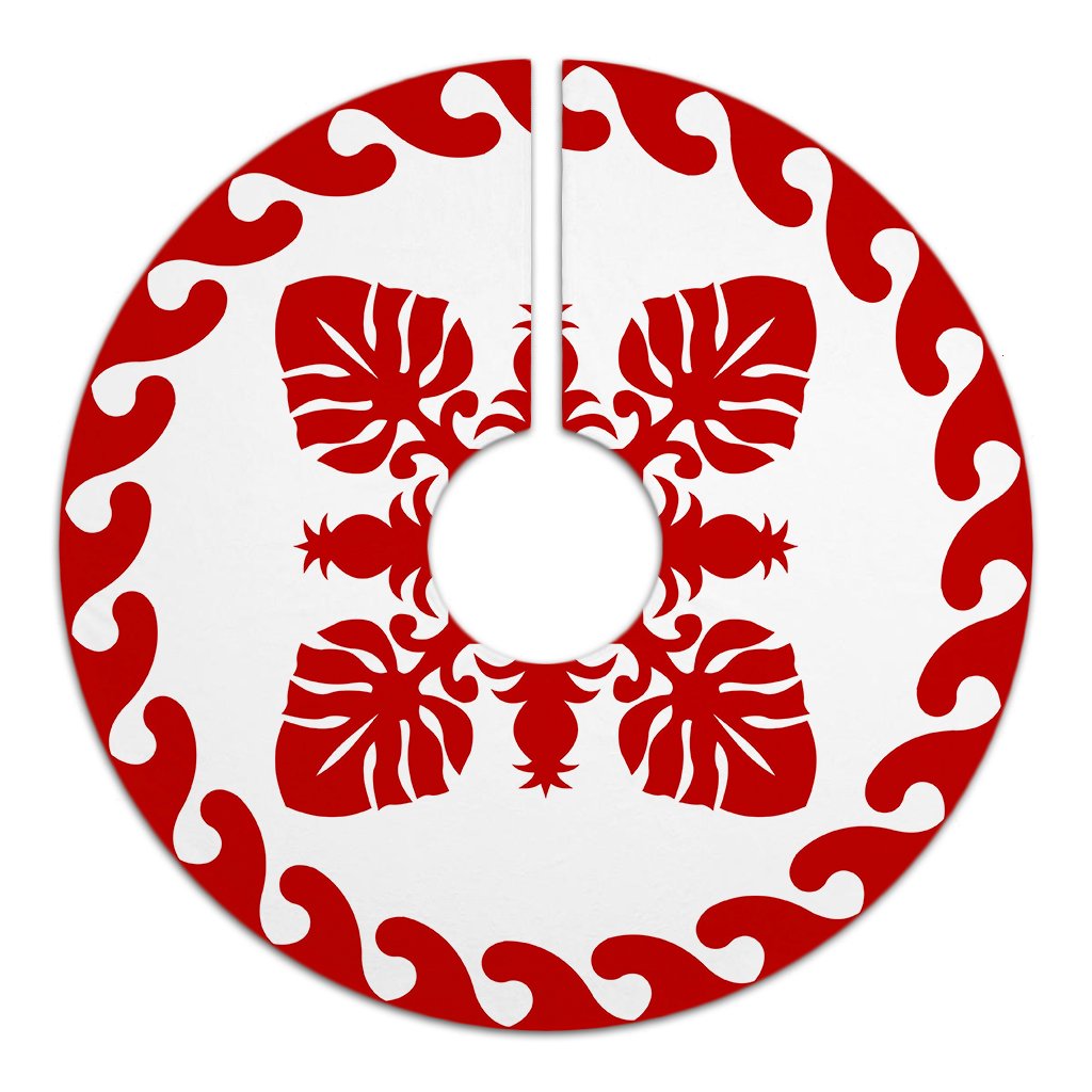 Hawaiian Quilt Pattern Palm Tree And Pineapple New Tree Skirt - Red White - AH - Polynesian Pride