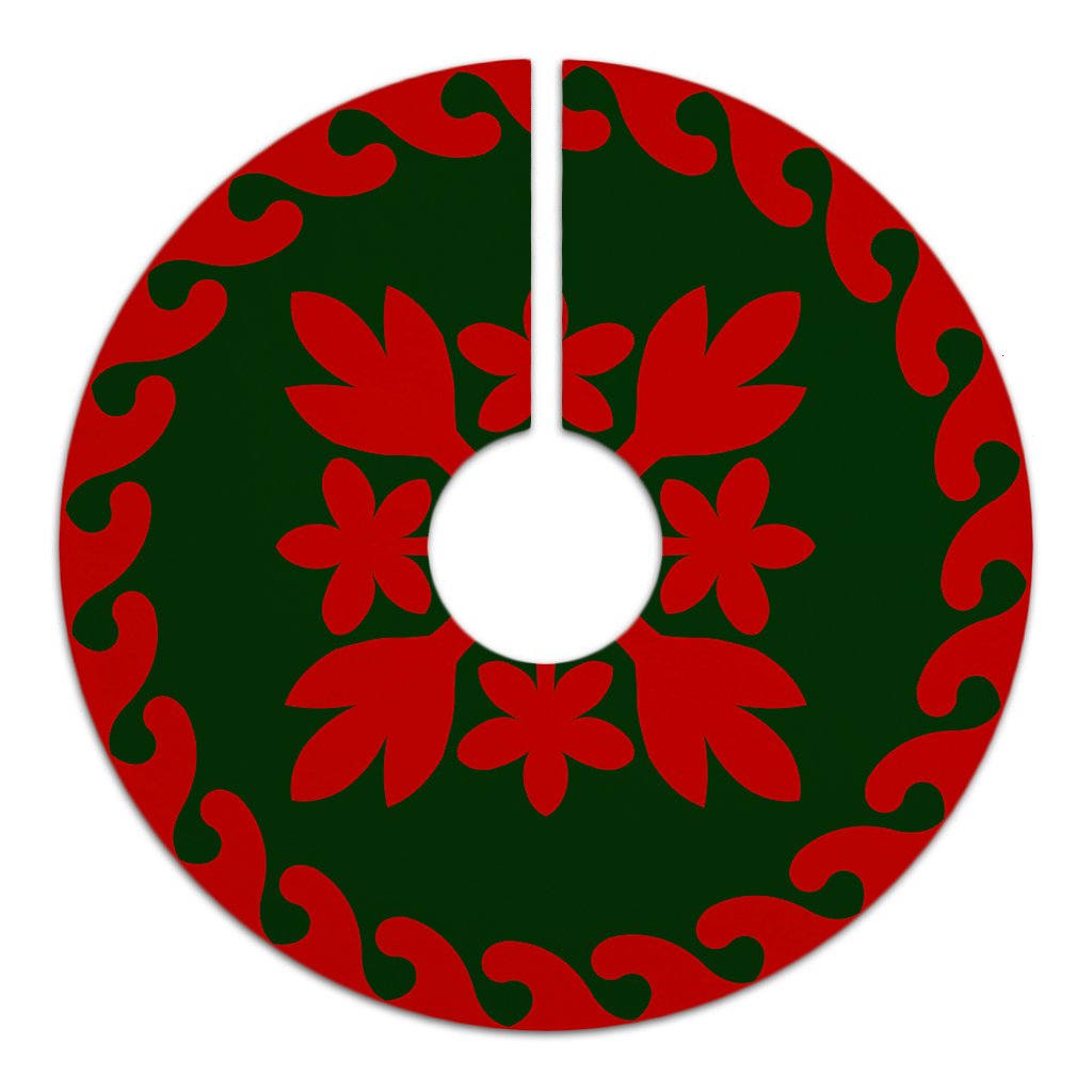 Hawaiian Quilt Pattern Palm Tree And Plumeria Tree Skirt - Red Green - AH - Polynesian Pride