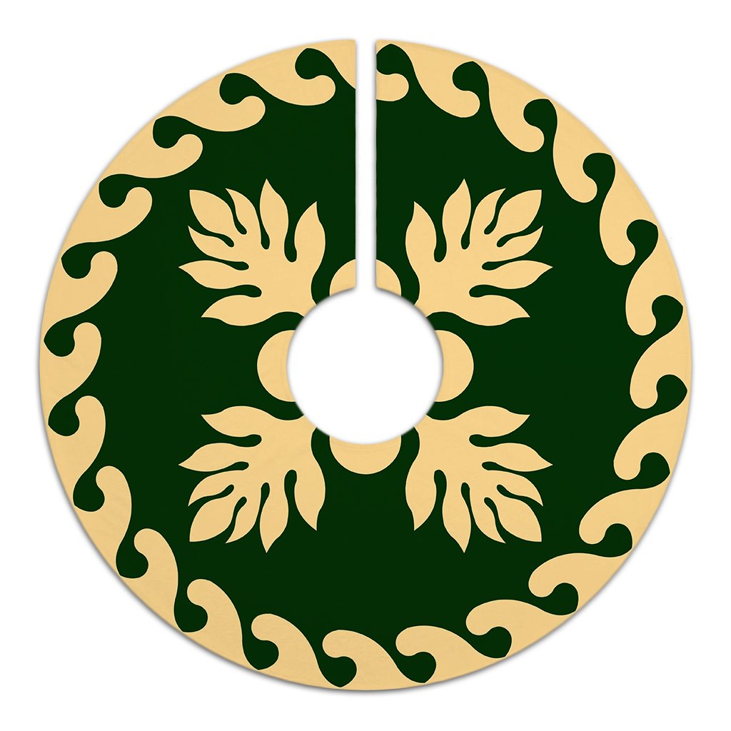 Hawaiian Quilt Pattern Palm Tree Fire Tree Skirt - Green Beige - AH - Polynesian Pride