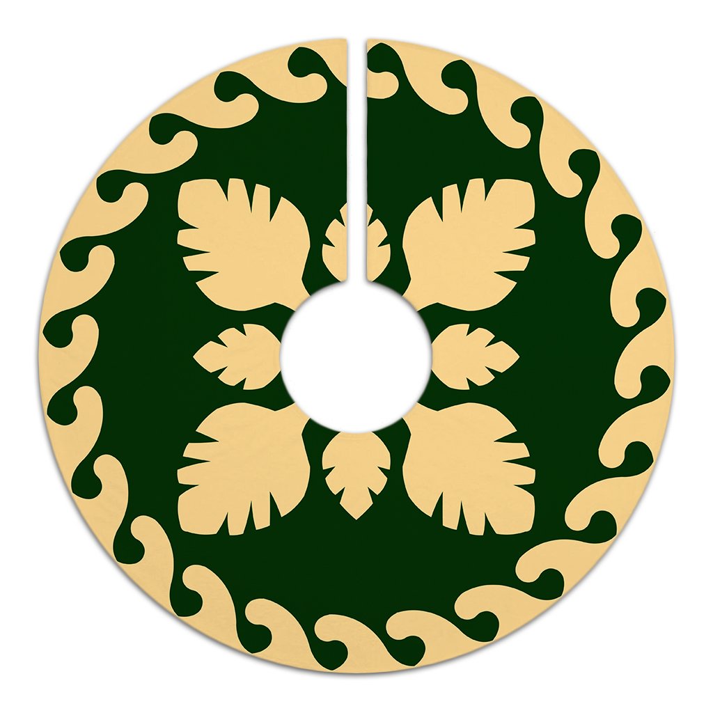 Hawaiian Quilt Pattern Palm Tree Skillful Tree Skirt - Green Beige - AH - Polynesian Pride