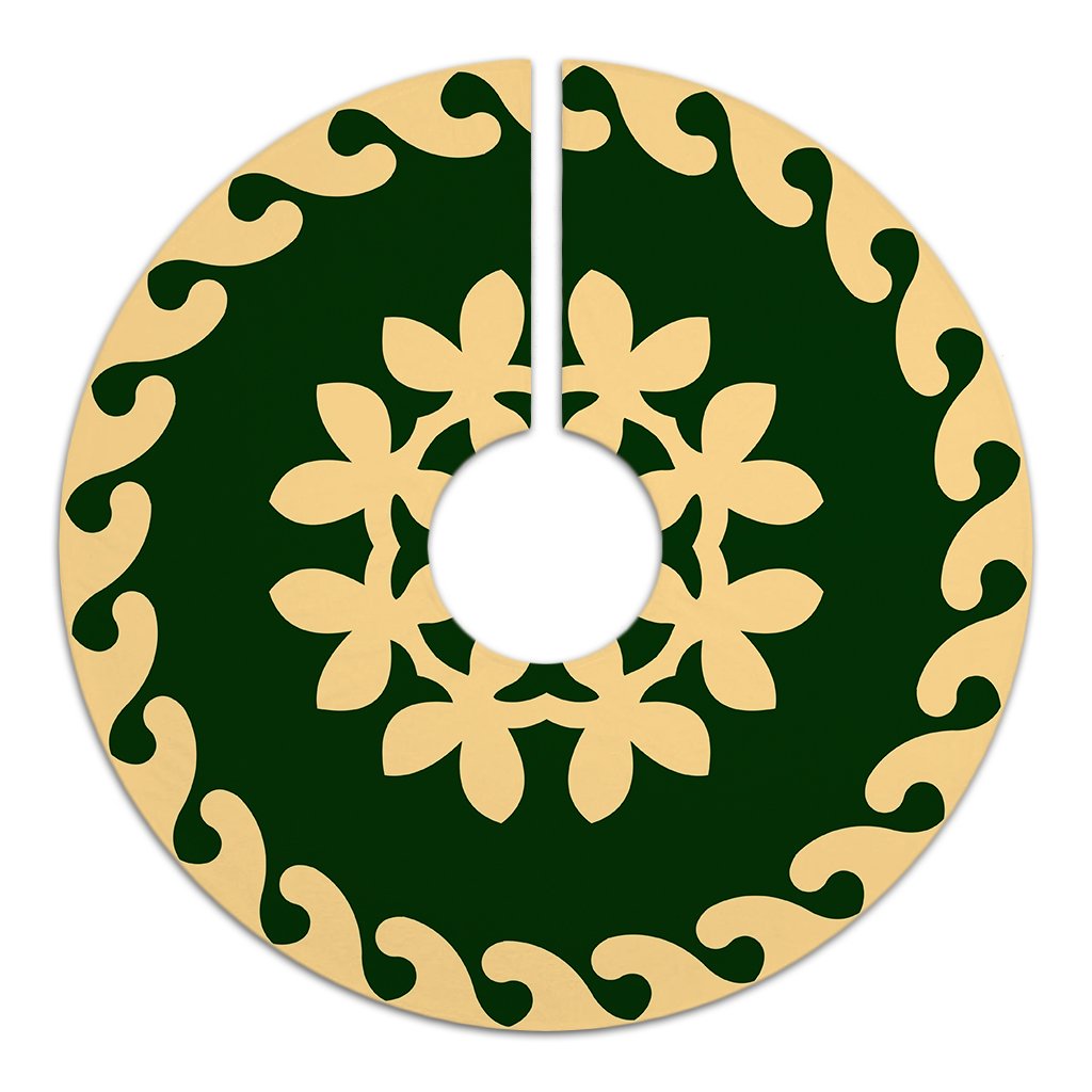 Hawaiian Quilt Pattern Plumeria Dreamcatcher Polynesian Tree Skirt - Green Beige - AH - Polynesian Pride