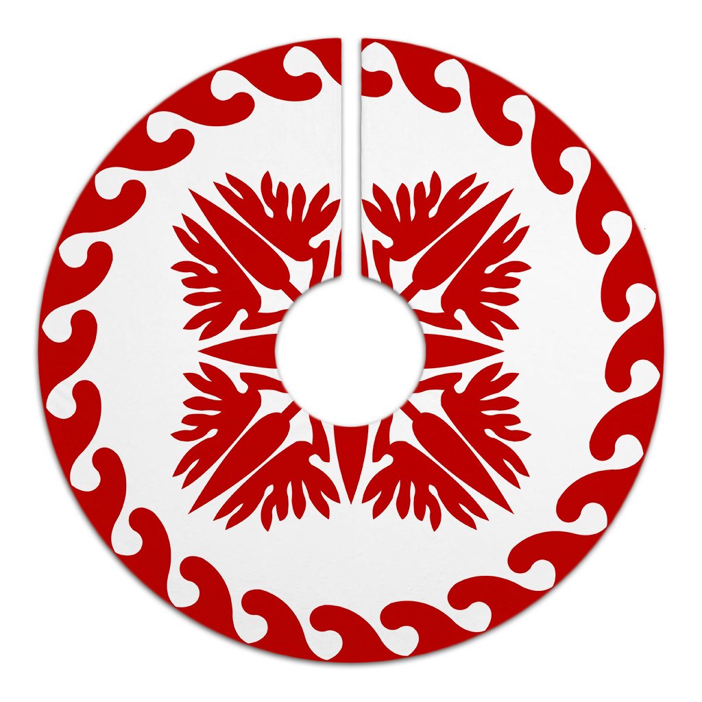 Hawaiian Quilt Pattern Strelitzia Flower Equip Tree Skirt - Red White - AH - Polynesian Pride
