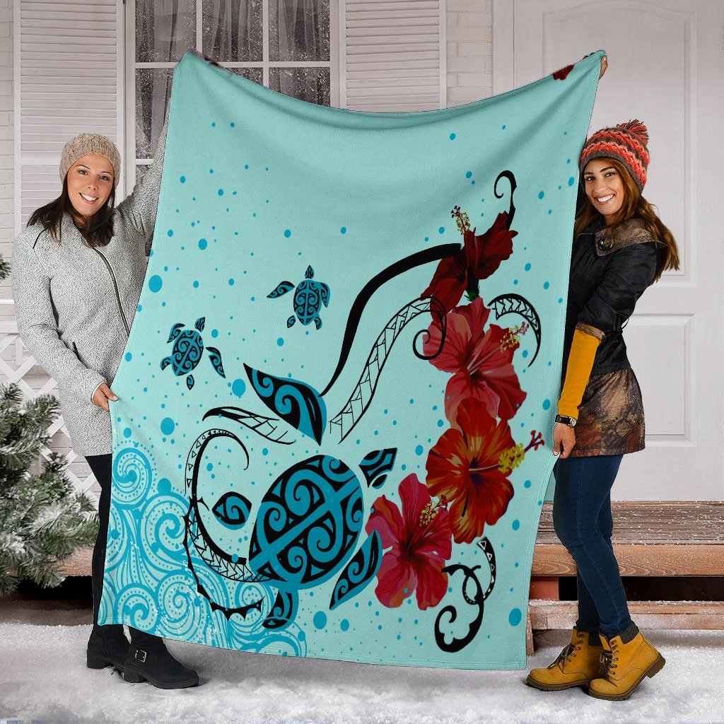 Hawaiian Sea Turtle Hibiscus Brilliant Polynesian Premium Blankets - AH - Polynesian Pride