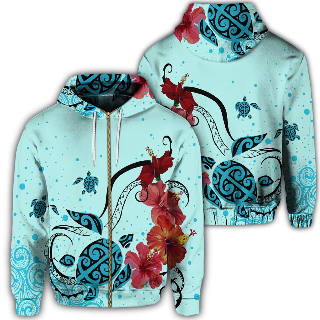 Hawaiian Sea Turtle Hibiscus Brilliant Polynesian Zip Hoodie Unisex Art - Polynesian Pride