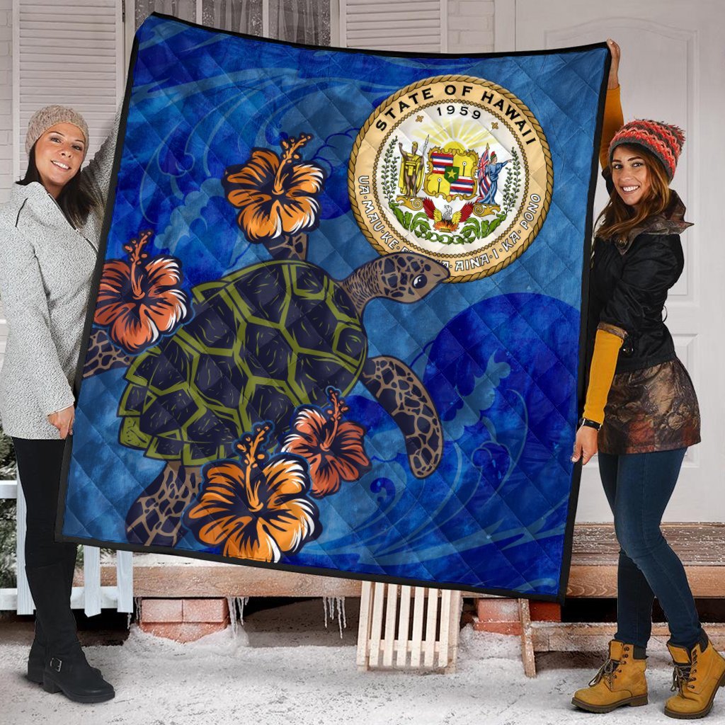 Hawaiian Seal Of Hawaii Hibiscus Ocean Turtle Polynesian Premium Quilts - AH - Polynesian Pride
