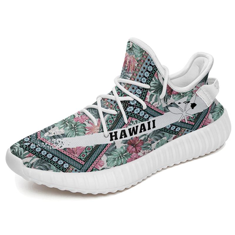 Hawaiian Sneakers YZ Exotic Tropical Flowers In Pastel Colors White - Polynesian Pride