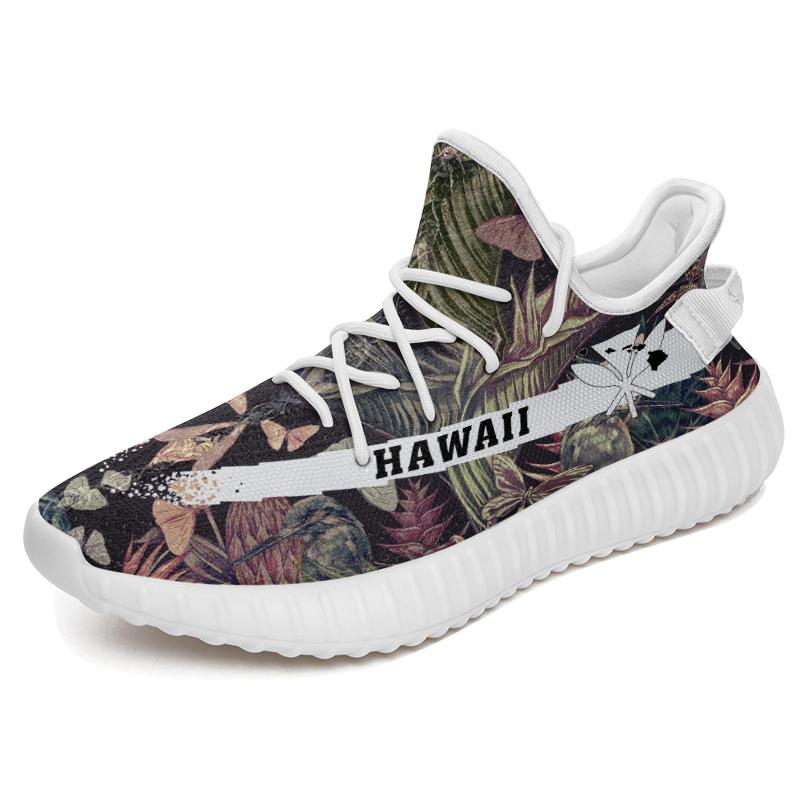 Hawaiian Sneakers YZ Palm Leaves Tropical Flowers White - Polynesian Pride
