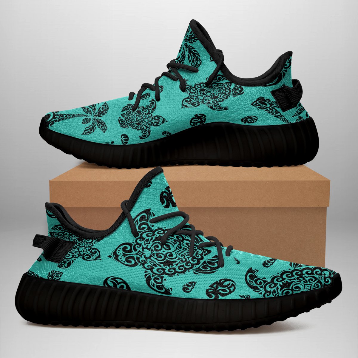 Hawaiian Sneakers YZ Polynesian Turtle Palm And Sea Pebbles Turquoise AH - Polynesian Pride