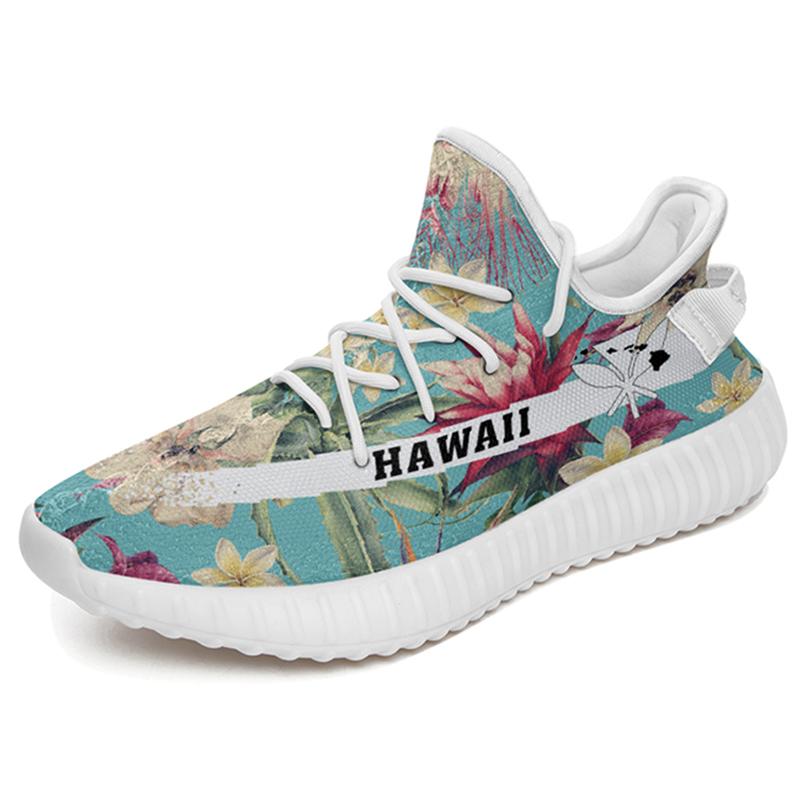 Hawaiian Sneakers YZ Seamless Floral Pattern With Tropical Hibiscus Watercolor White - Polynesian Pride