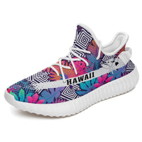 Hawaiian Sneakers YZ Tropical Exotic Leaves And Flowers On Geometrical Ornament White - Polynesian Pride