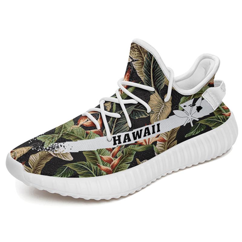 Hawaiian Sneakers YZ Tropical Floral Vintage Strelitzia Flower Banana Leaves White - Polynesian Pride