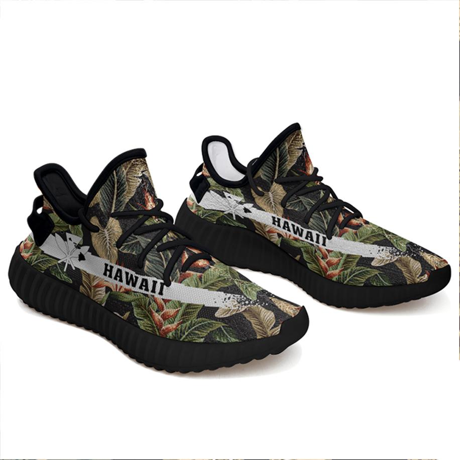Hawaiian Sneakers YZ Tropical Floral Vintage Strelitzia Flower Banana Leaves Black - Polynesian Pride