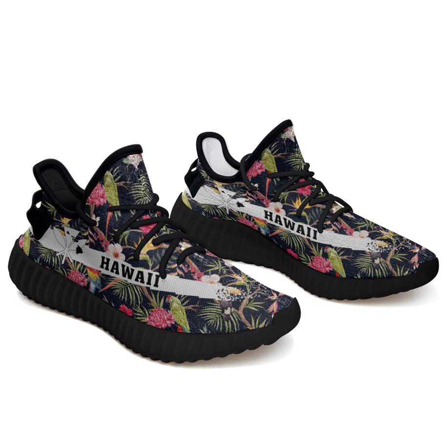 Hawaiian Sneakers YZ Tropical Hibiscus Strelitzia Palm Leaves Black - Polynesian Pride