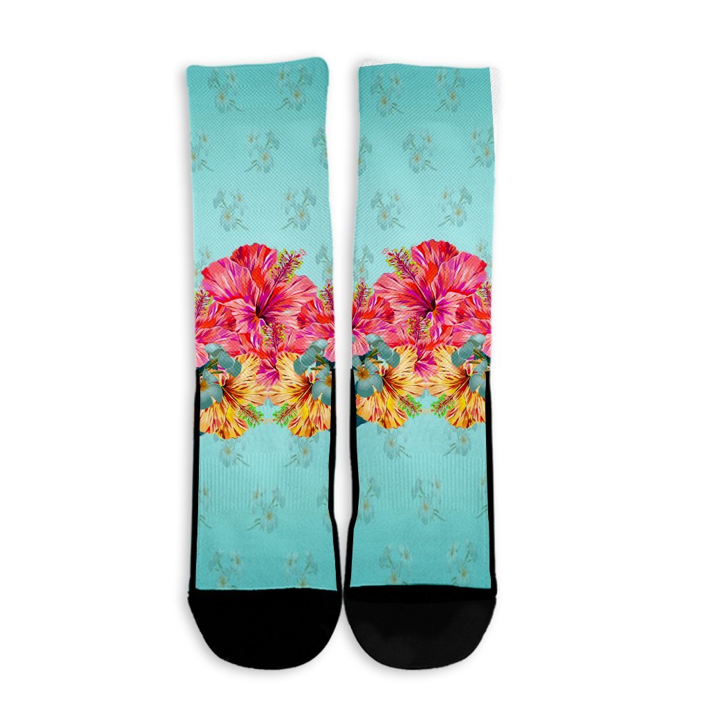 Hawaiian Tropical Strelitzia Hibiscus Plumeria Centre Crew Socks - AH - Polynesian Pride