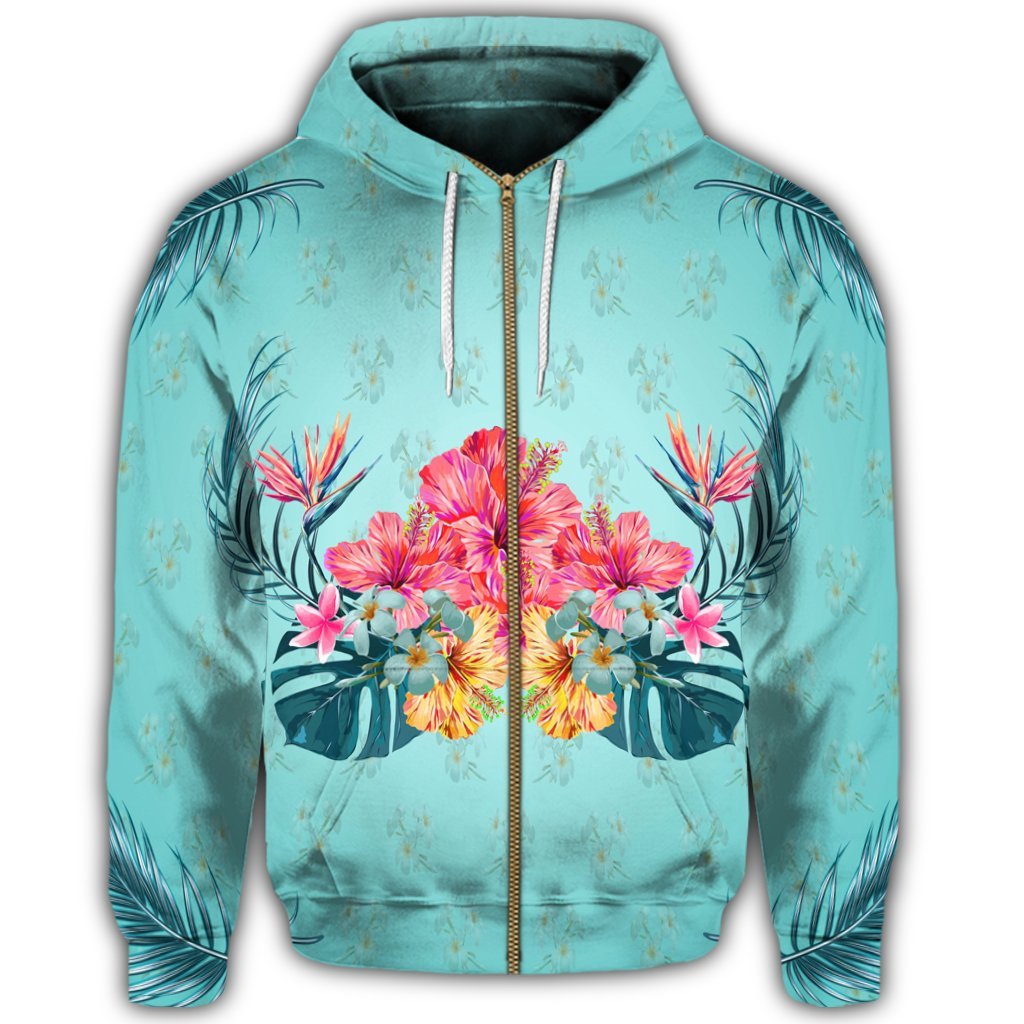 Hawaiian Tropical Strelitzia Hibiscus Plumeria Centre Zip Hoodie - Polynesian Pride