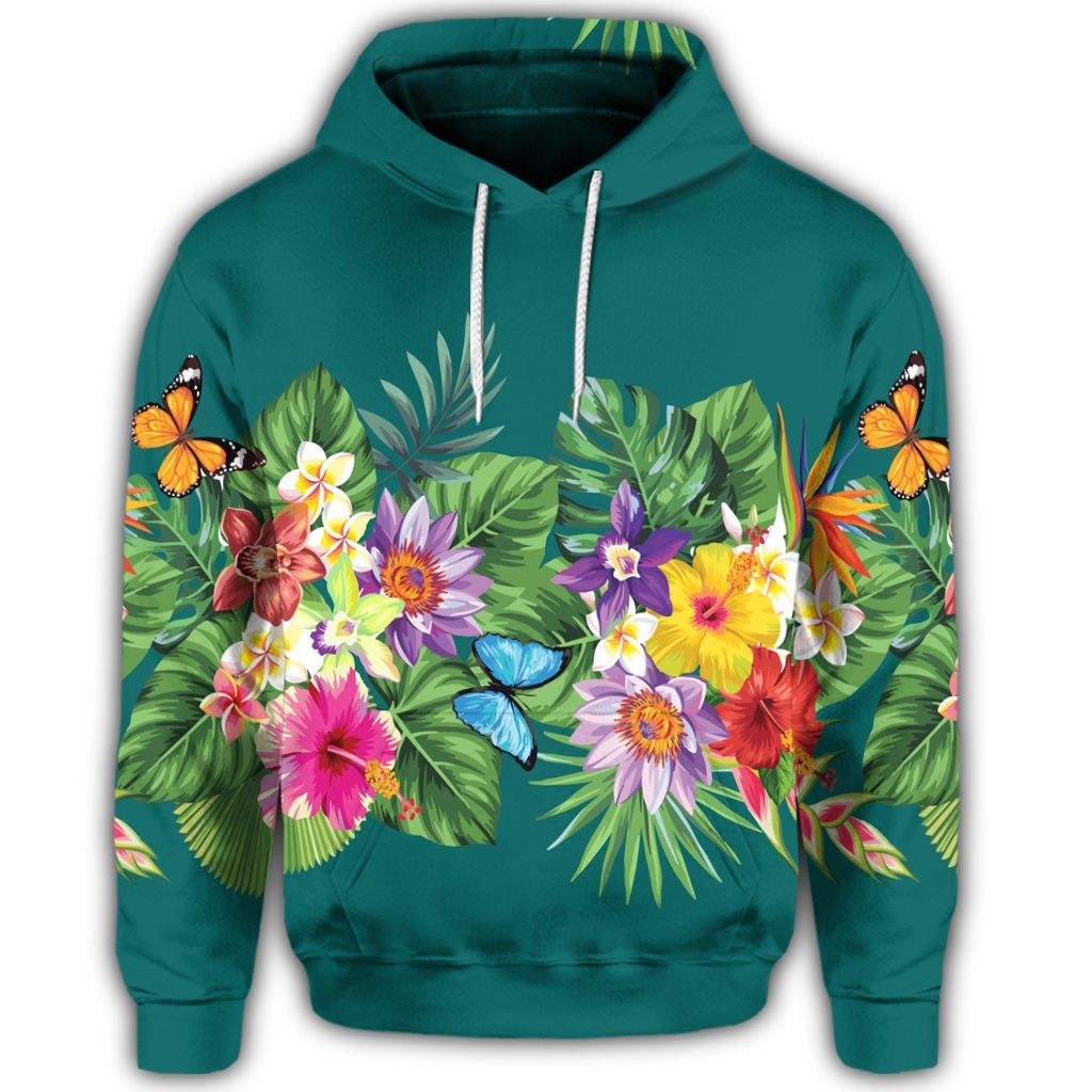 Hawaiian Tropical Strelitzia Plumeria Orchids Hibiscus Polynesian Hoodie - Polynesian Pride