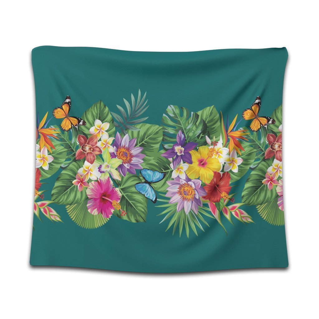 Hawaiian Tropical Strelitzia Plumeria Orchids Hibiscus Polynesian Tapestry - AH Wall Tapestry Black - Polynesian Pride