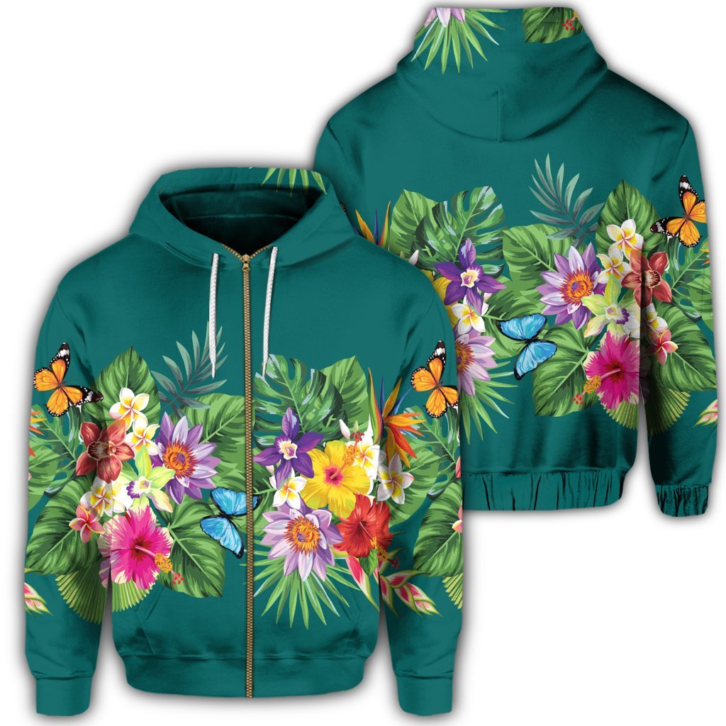 Hawaiian Tropical Strelitzia Plumeria Orchids Hibiscus Polynesian Zip Hoodie Unisex Art - Polynesian Pride