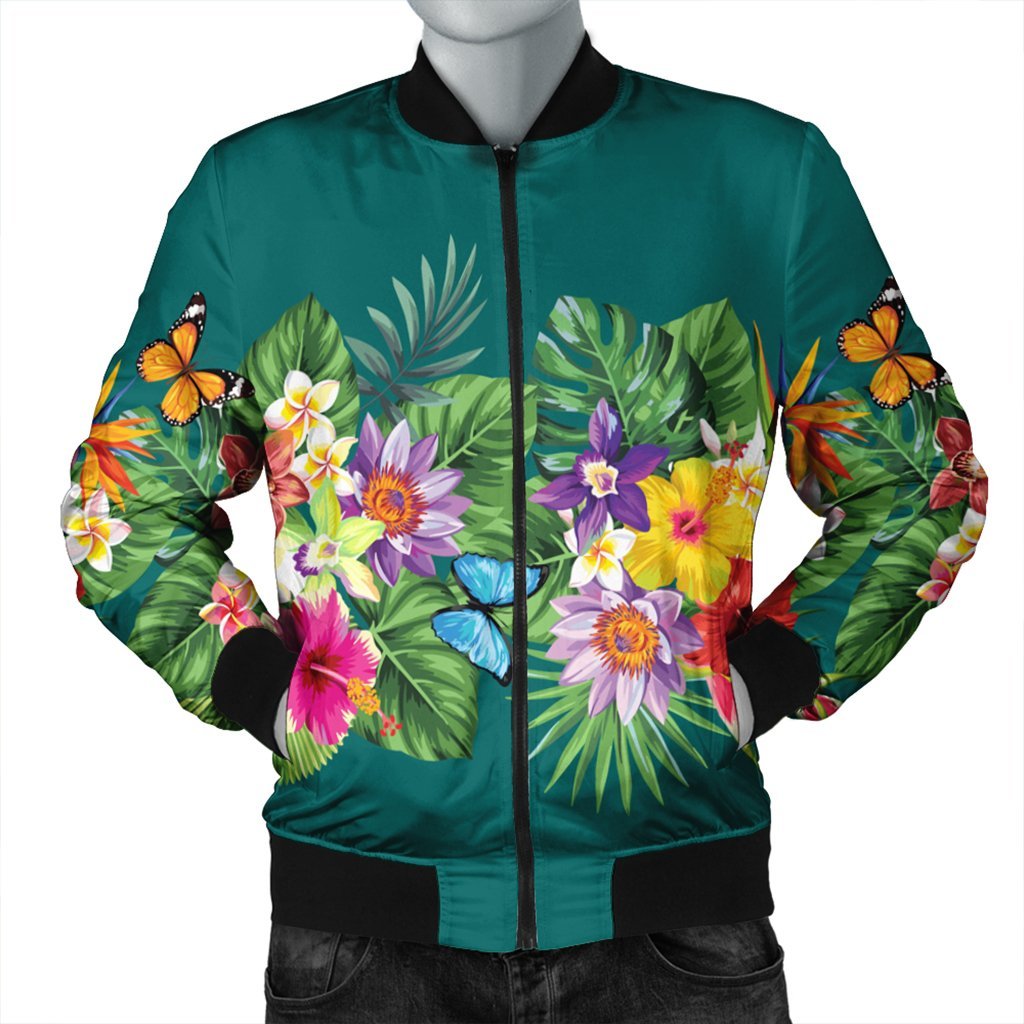 Hawaiian Tropical Strelitzia Plumeria Orchids Hibiscus Polynesian Bomber Jacket - AH Black Unisex - Polynesian Pride