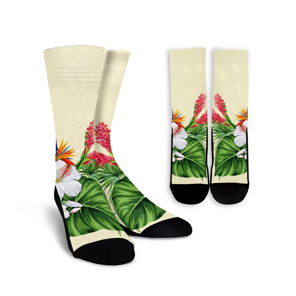 Hawaiian Tropical Wonderful Hibiscus Plumeria Strelitzia Crew Socks - AH Crew Socks White - Polynesian Pride