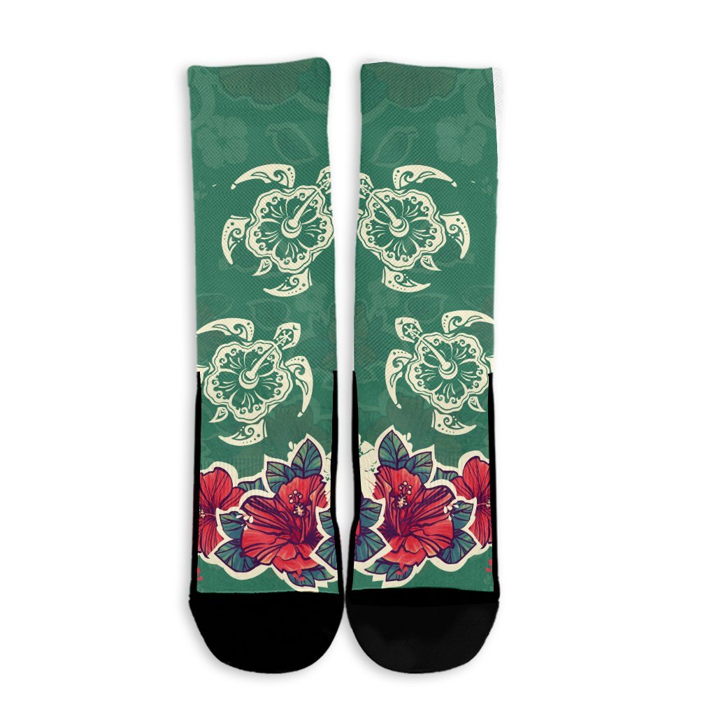 Hawaiian Turtle And Colorful Hibiscus Polynesian Crew Socks - AH - Polynesian Pride