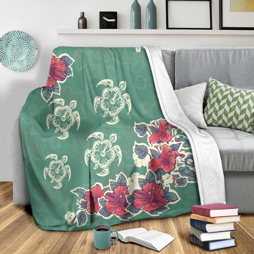Hawaiian Turtle And Colorful Hibiscus Polynesian Premium Blankets - AH - Polynesian Pride