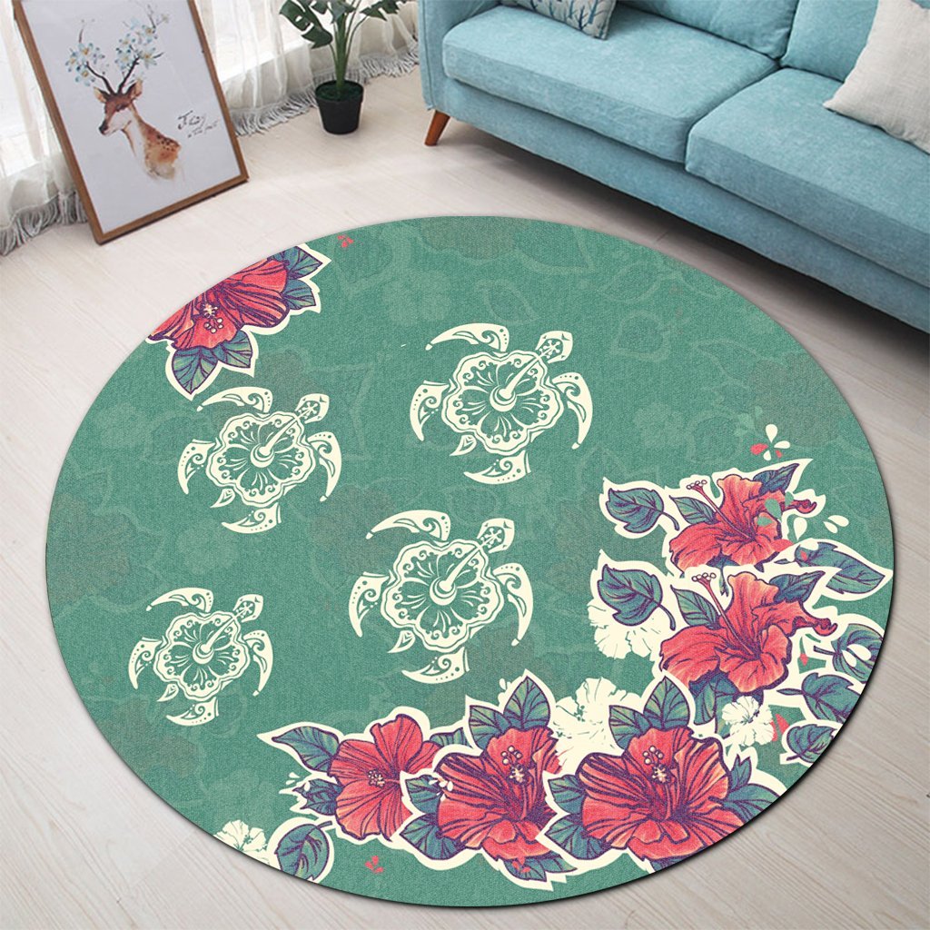 Hawaiian Turtle And Colorful Hibiscus Polynesian Round Carpet - AH - Polynesian Pride