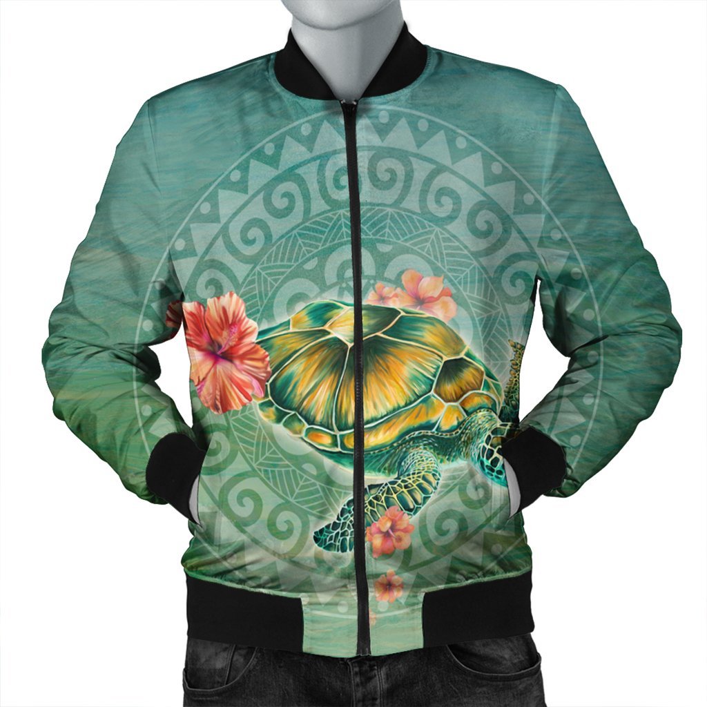 Hawaiian Turtle And Hibiscus Polynesian Bomber Jacket - AH Black Unisex - Polynesian Pride