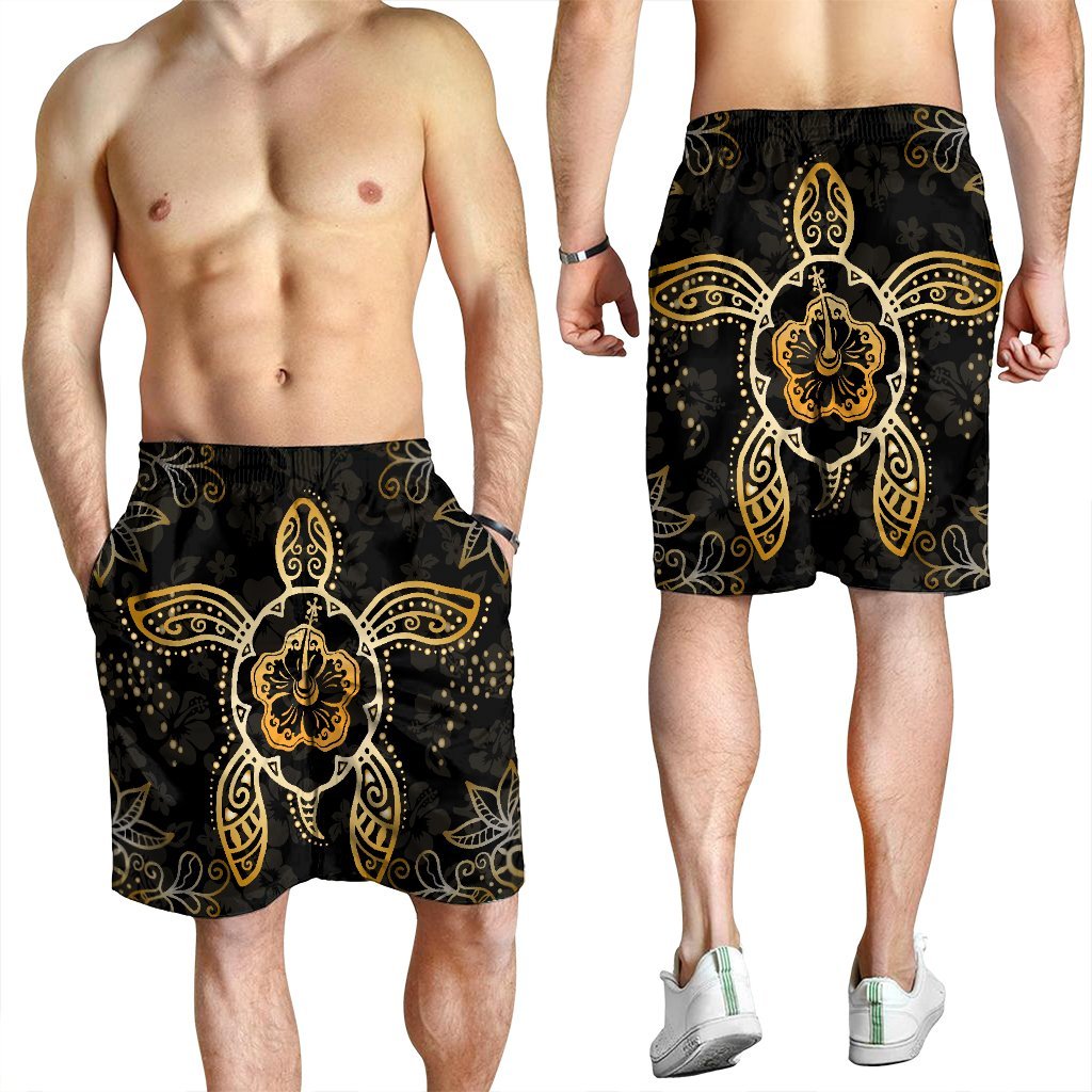 Hawaiian Turtle And Hibiscus Polynesian Men's Shorts Gold - AH - Polynesian Pride