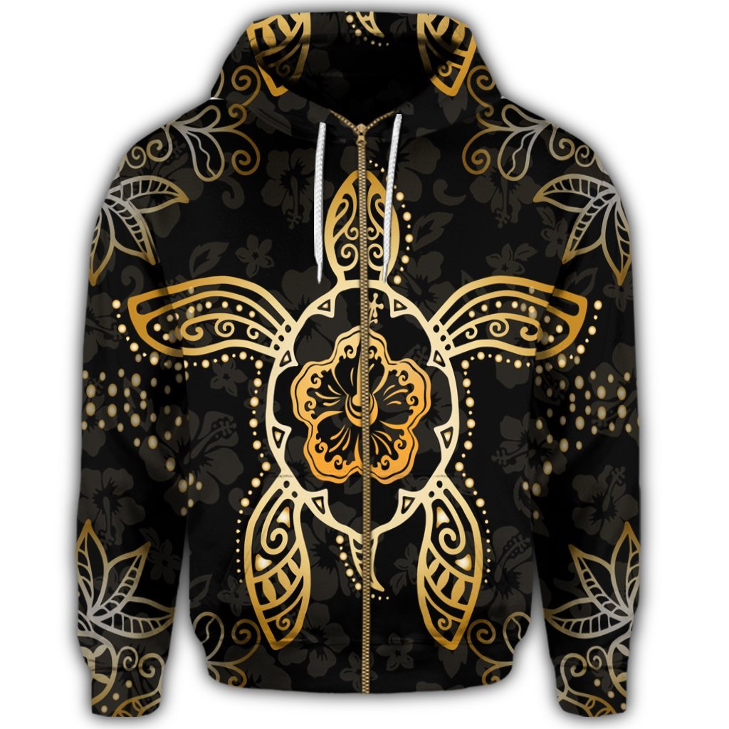Hawaiian Turtle and Hibiscus Polynesian Zip Hoodie Gold - Polynesian Pride