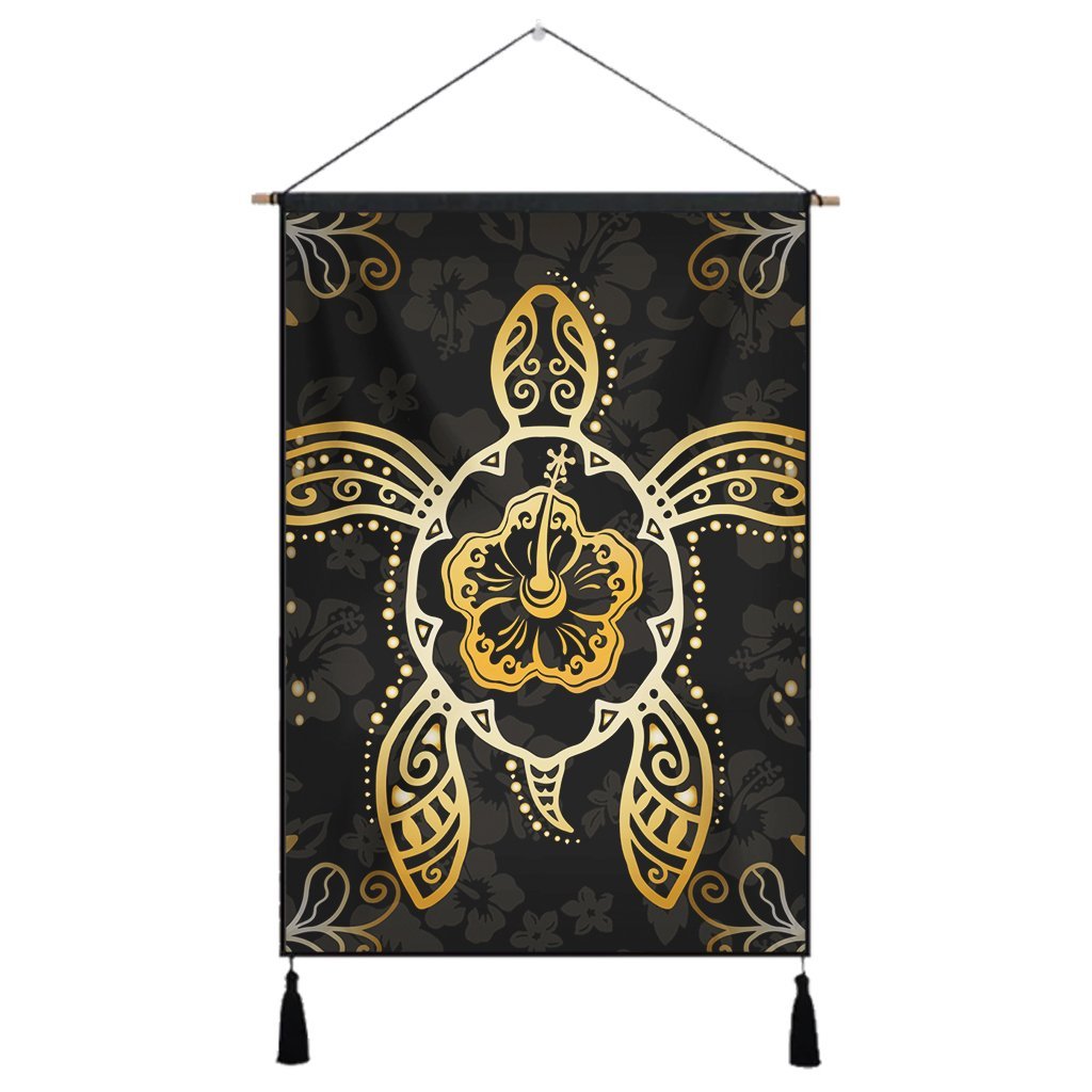 Hawaiian Turtle And Hibiscus Polynesian Hanging Poster Gold - AH Hanging Poster Cotton And Linen - Polynesian Pride