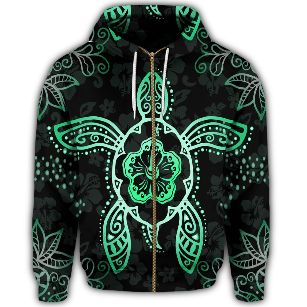 Hawaiian Turtle and Hibiscus Polynesian Zip Hoodie Green - Polynesian Pride