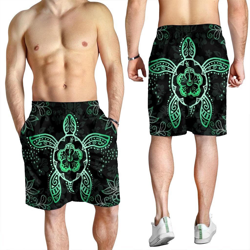 Hawaiian Turtle And Hibiscus Polynesian Men's Shorts Green - AH - Polynesian Pride