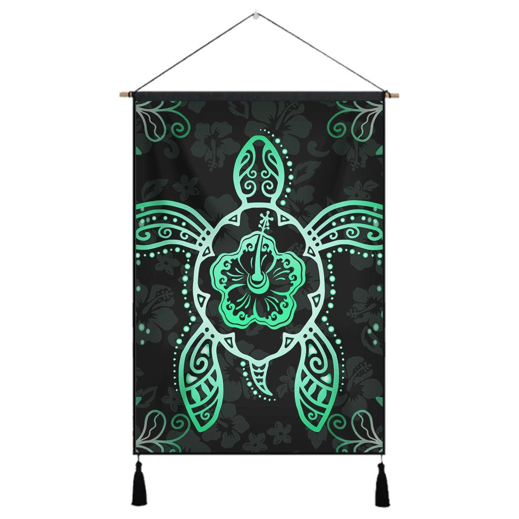 Hawaiian Turtle And Hibiscus Polynesian Hanging Poster Green - AH Hanging Poster Cotton And Linen - Polynesian Pride