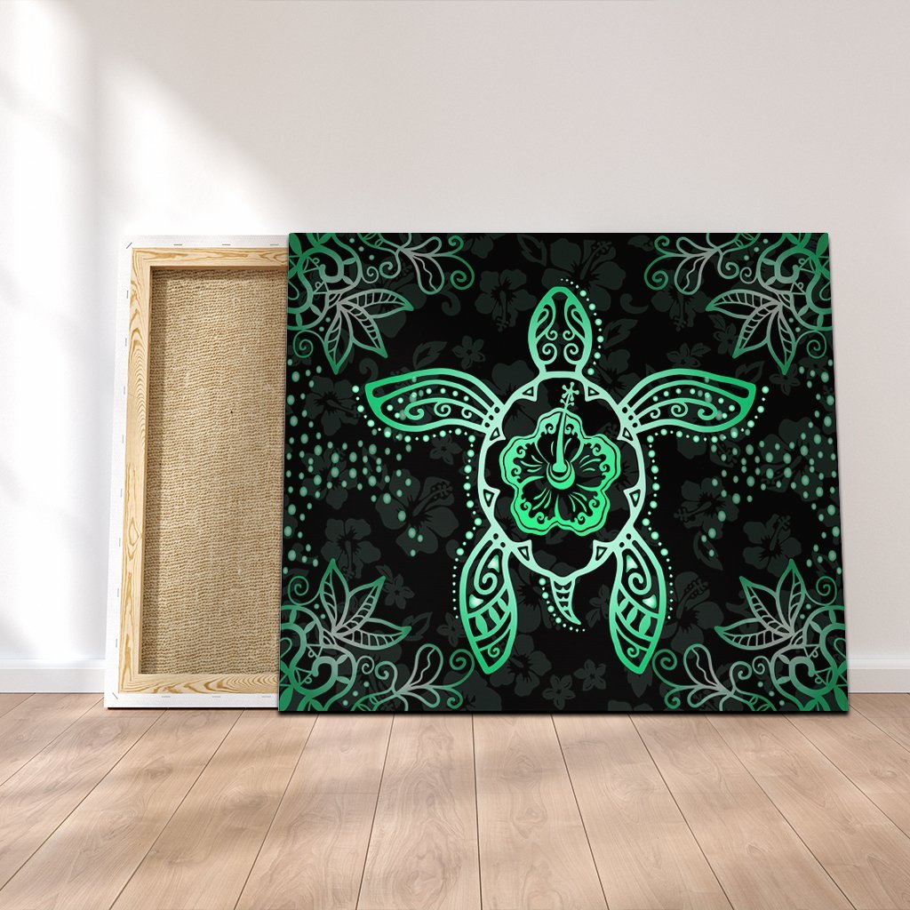 Hawaiian Turtle And Hibiscus Polynesian Canvas Green - AH Canvas Poly-cotton - Polynesian Pride