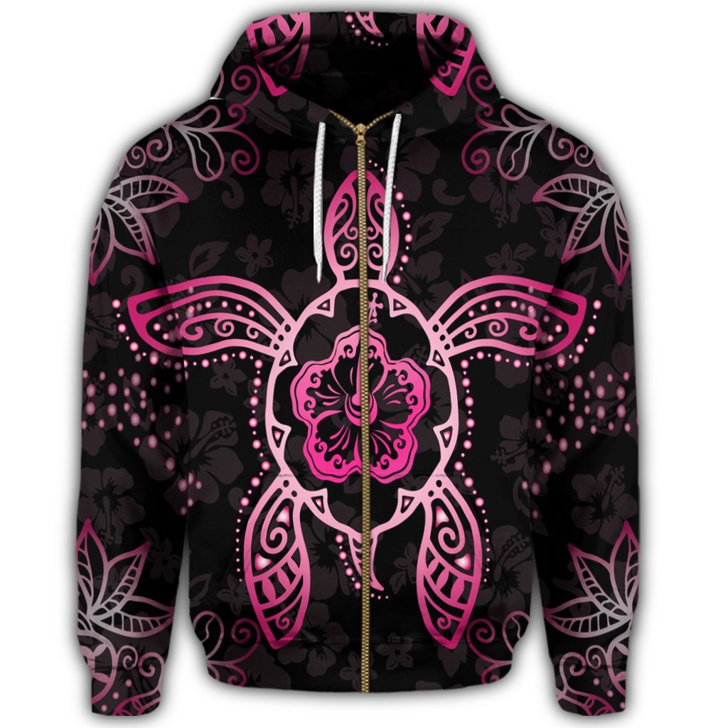 Hawaiian Turtle and Hibiscus Polynesian Zip Hoodie Pink - Polynesian Pride