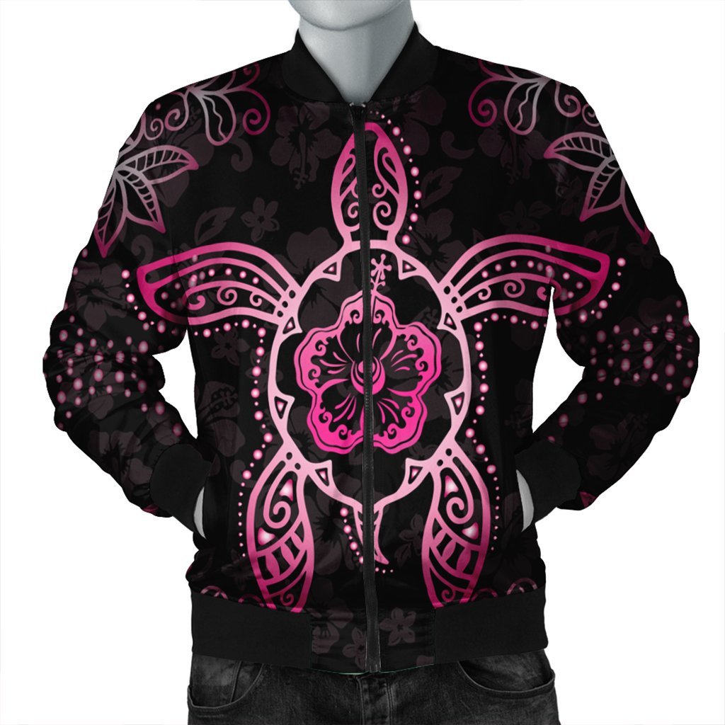 Hawaiian Turtle And Hibiscus Polynesian Bomber Jacket Pink - AH Black Unisex - Polynesian Pride