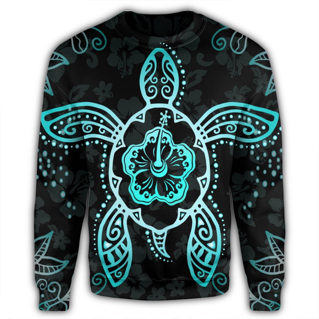 Hawaiian Turtle And Hibiscus Polynesian Sweatshirt Turquoise - AH - Polynesian Pride
